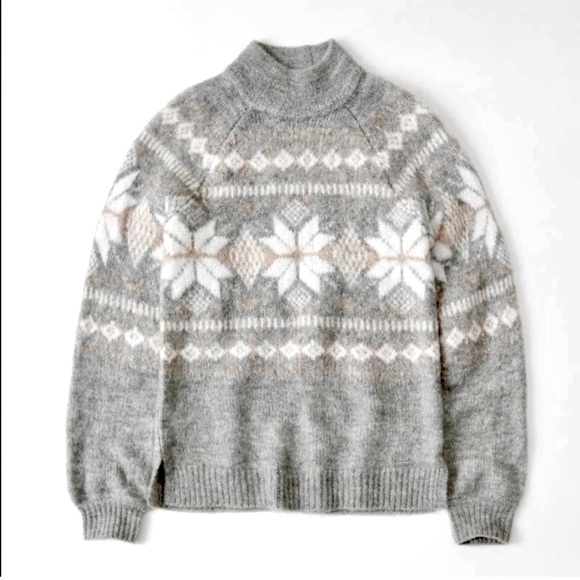NWT Abercrombie & Fitch Fair Isle Snowflake Sweater Mock Turtleneck Knit Gray XS - Picture 1 of 6